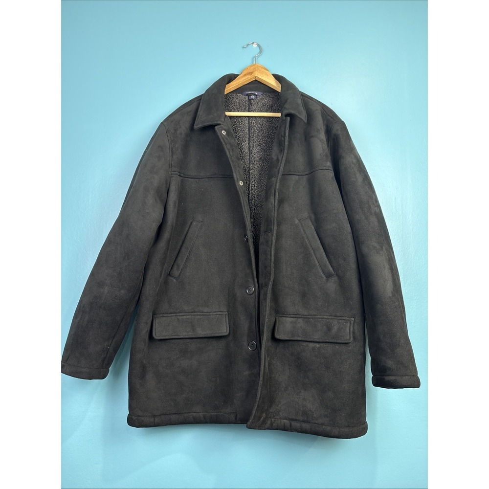 Lands End XL Black Faux Suede Jacket Buttons Chore Lined Pockets Teddy Bear